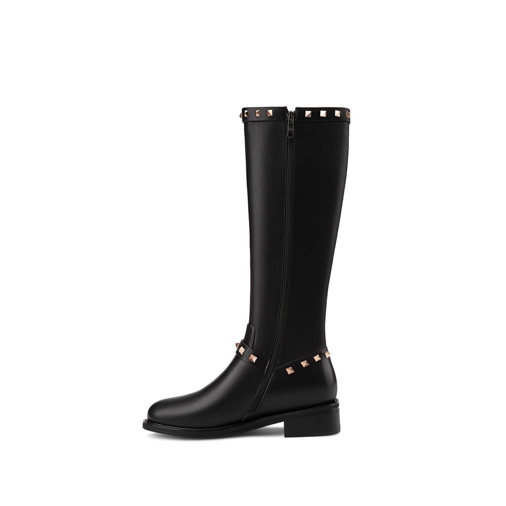 Krazing Pot Натуральная коровья кожа осенне-зимняя обувь на толстом среднем каблуке большого размера 45 размера 44 кожаные металлические заклепки женские теплые сапоги до колена