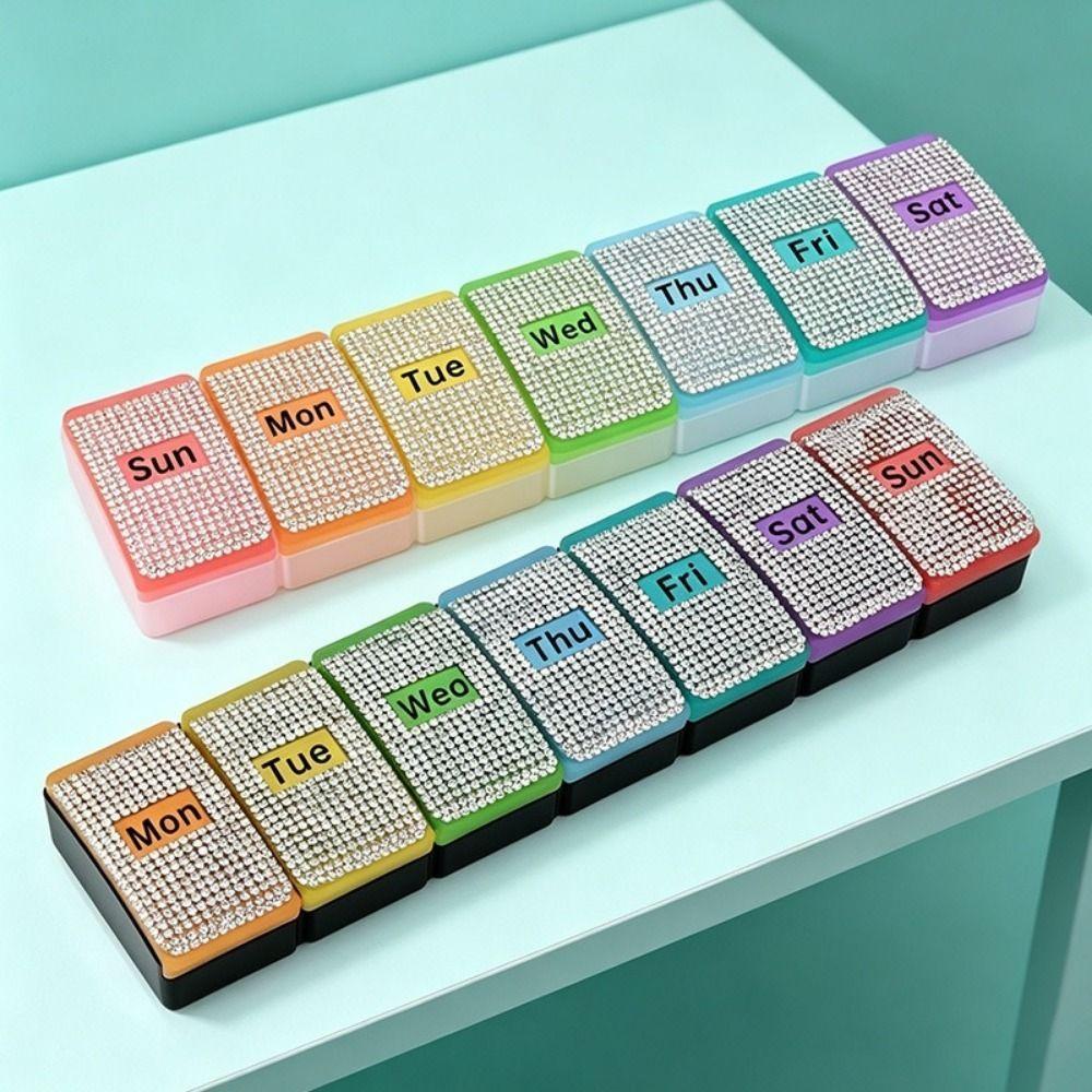 7 Grids Colorful Rhinestone Pill Box Plastic Weekly Pill Box Vitamin Storage Container Fish Oil