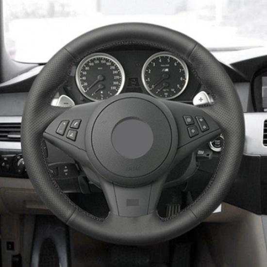 Black Leather Steering Wheel Cover For BMW 5 6 Series E60 E61 530d 2003-2010