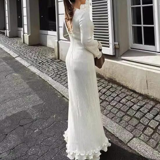 Женское платье макси с круглым вырезом сзади, на шнуровке, с открытой спиной, вязаное платье, однотонное, облегающее, с рюшами, длинное платье