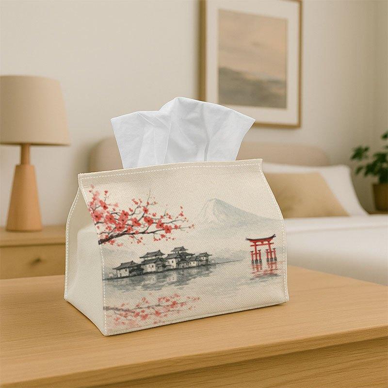 1pc Mount Fuji Tissue Box Cover - Oriental Ink Design Holder with Mount Fuji & Lake Pattern, Suitable for Home, Car, Party Decor, Fit for Tissues, for