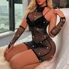 Sexy Lace Babydoll Fishnet Mini Dress Hollow Out Halter Neck Rhinestone Decor Bodycon Dress with Sleeves Women's Exotic Lingerie