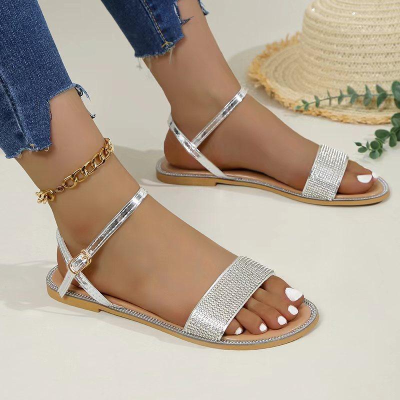 Новинка 2024 года, летние пикантные женские сандалии со стразами, обувь с ремешком на спине, женская обувь на плоской подошве с блестящими комфортными сандалиями, размер 35-43