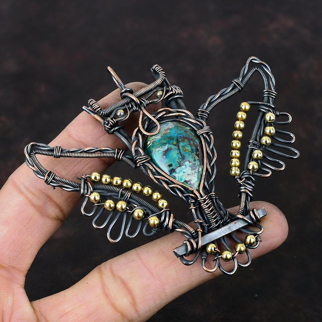 Azurite Malachite Pendant Copper Wire Wrapped Pendant Gemstone Owl Pendant Handmade Copper Jewelry Unique Pendant Wire Wrap Jewelry For Gift