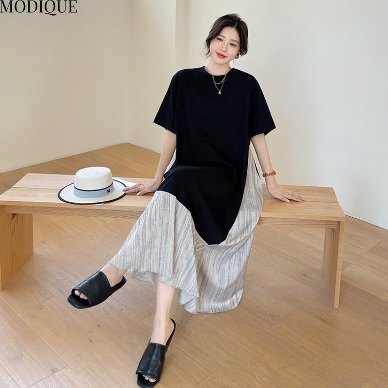 MODIQUE Summer Plus Size New Women Basic Loose Minimalist Patchwork Pleated Long Dresses Female Casual Short Sleeve O-Neck Dresses