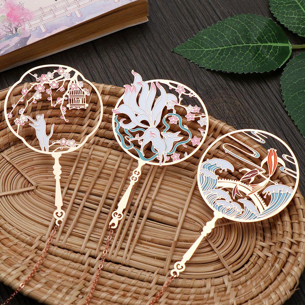 Style Stationery Pendant Metal Koi Peacock Group Fan Shape Pagination Mark Book Clip Brass Bookmark