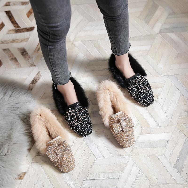 Мода 34-43 Большой размер Кристальная вышивка Меховые мокасины женские зимние туфли квадратный носок теплые плюшевые лоферы женские блестящие жемчужные норковые меховые балетки