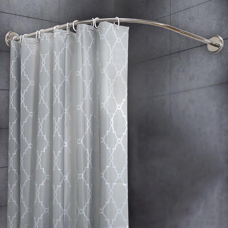 Extendable Curved Shower Curtain Rod Silver L Shaped Stainless Steel Shower Curtain Poles Punch-Free Bathroom Curtain Rail 3Size