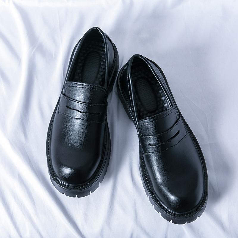 Small Leather Shoes, Teenagers with One Foot, Loafers, Platform Black Fashion Men's Casual Leather Shoes.