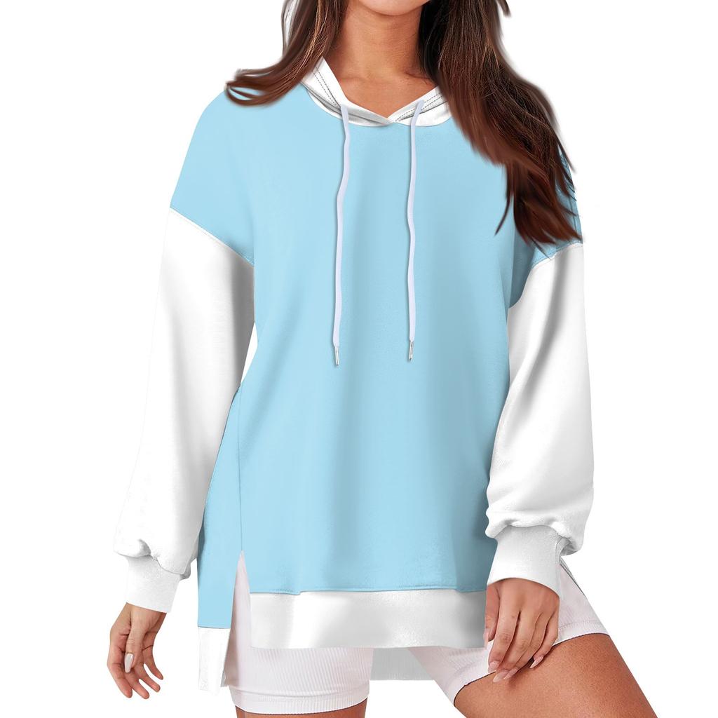 Women's Fashionable Casual Hoodie Long Sleeved Drawstring Pullover Solid Color Splicing Printed Loose Slit Sweatshirt
