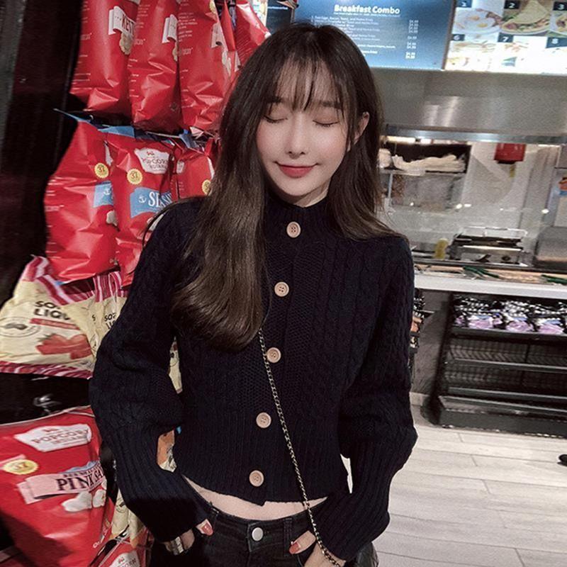 New 2022 O Cardigan Neck Sweater Slouchy Sleeves Small Fragrance Short Knitted Women Top Solid