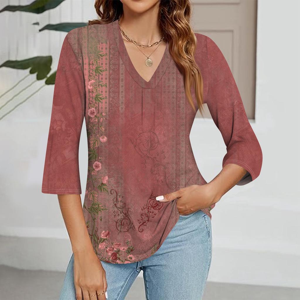 Women's V-neck Gradient Print Three-quarter Sleeve Fashion Top