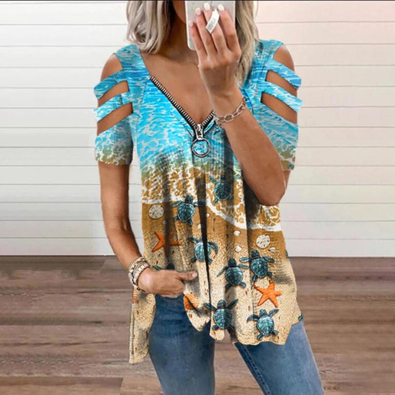 Женская летняя одежда Повседневная с открытыми плечами Топы с короткими рукавами Глубокий V-образный вырез Блузки на молнии Женская мода Футболка Свободные Большие размеры