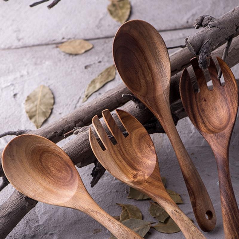 Acacia Wooden Salad Servers Rice Spoon Fork Dinner Salad Mixing Cooking Utensils