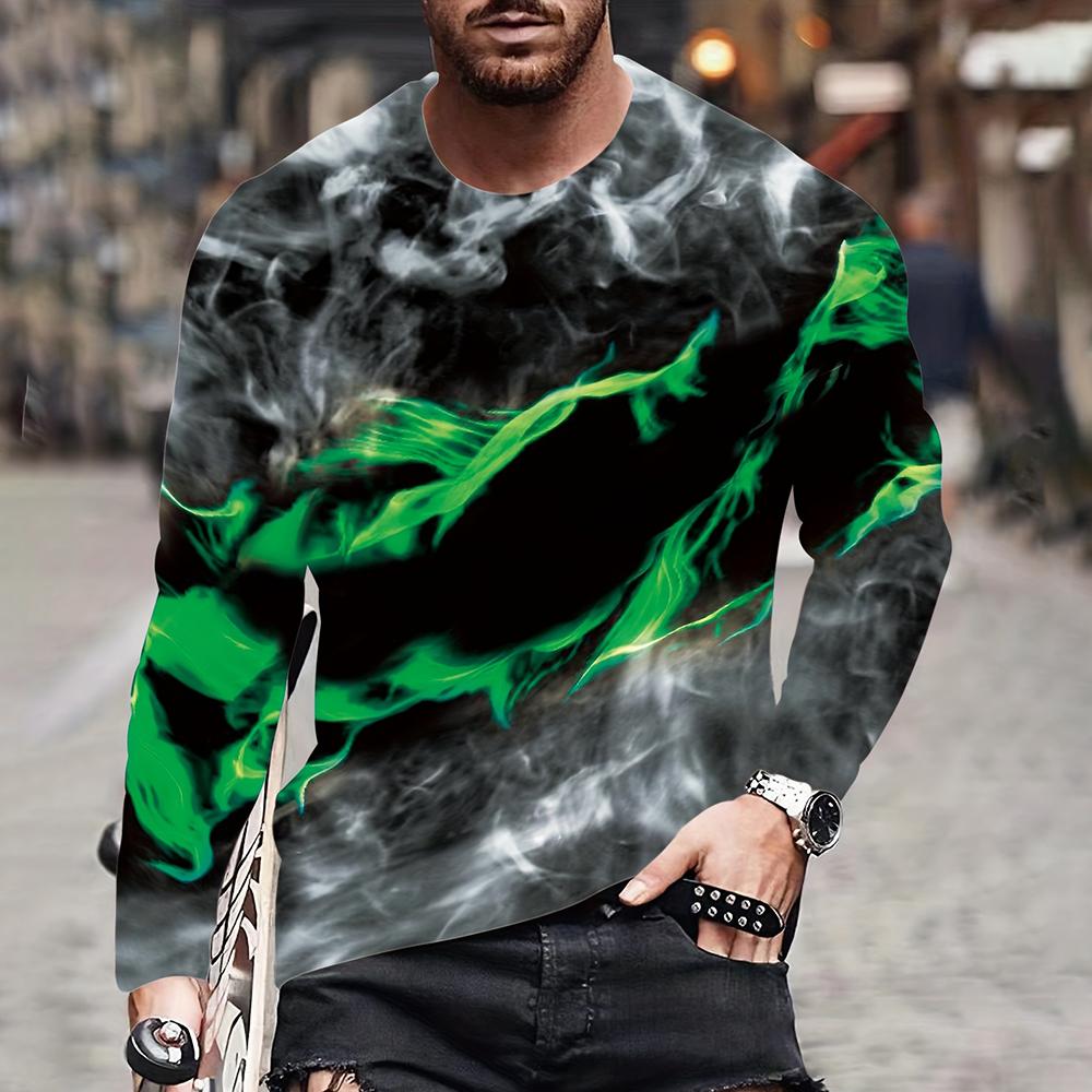 Ретро Пламя Серия 3D Печатный Летний Мужской O Neck Повседневный Длинный Рукав Футболка Оверсайз Пуловер Модная Трендовая Мужская Одежда