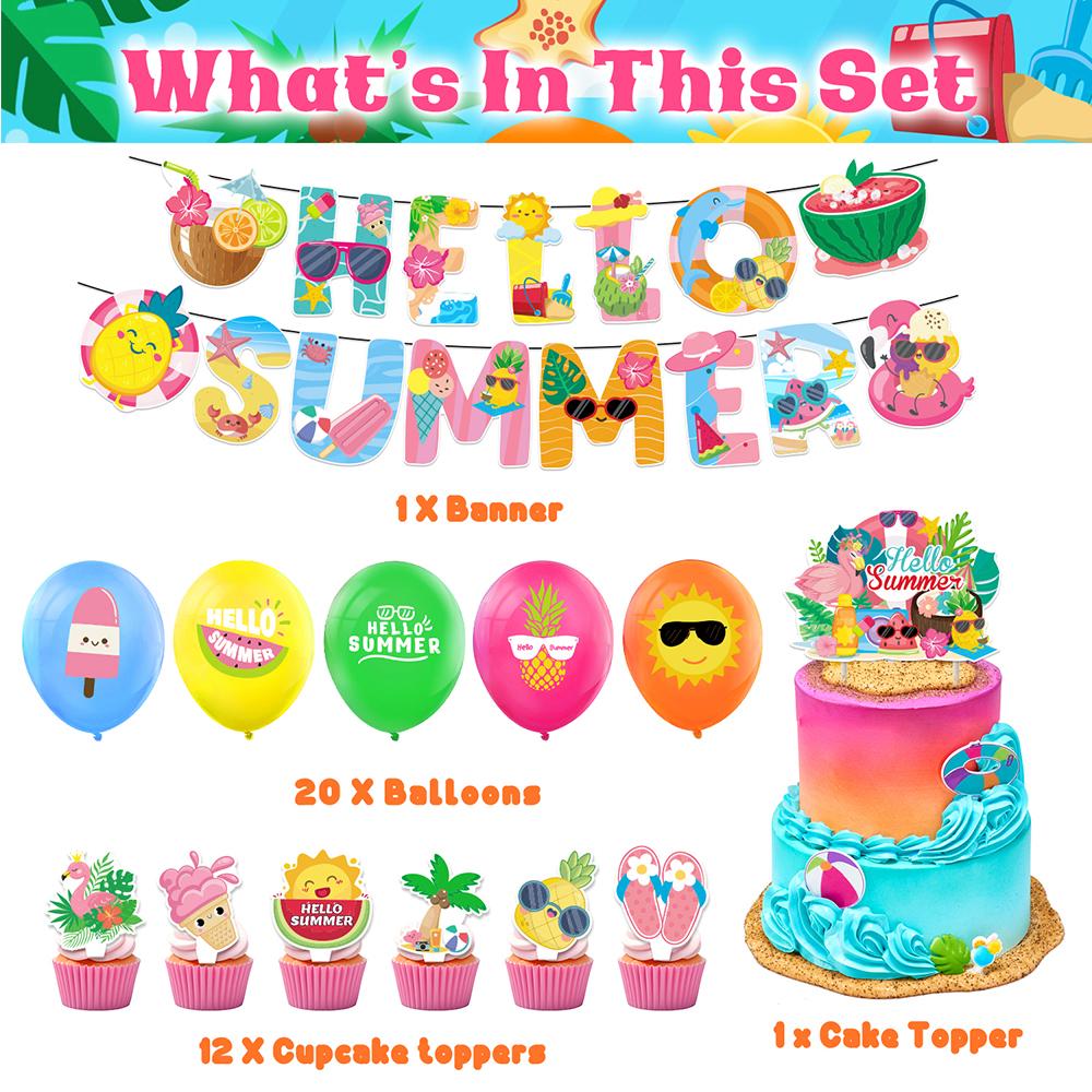 34x Hello Summer Hawaii Party Supplies Decoration Balloons, Banner, Cake Toppers