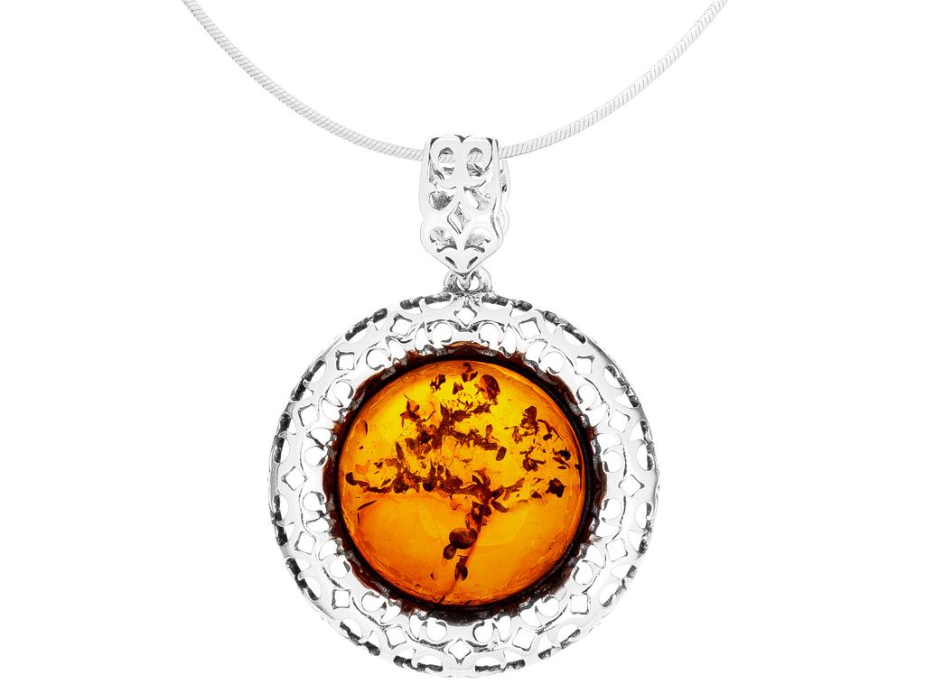 Large Silver Openwork Round Women' Necklace with Amber Silver Short 42