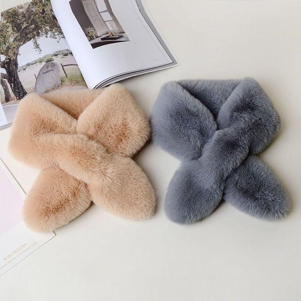 Faux Rabbit Fur Plush Cross Scarf Solid Color Neckerchief Wrap Winter Warm Neck Scarf  Girls