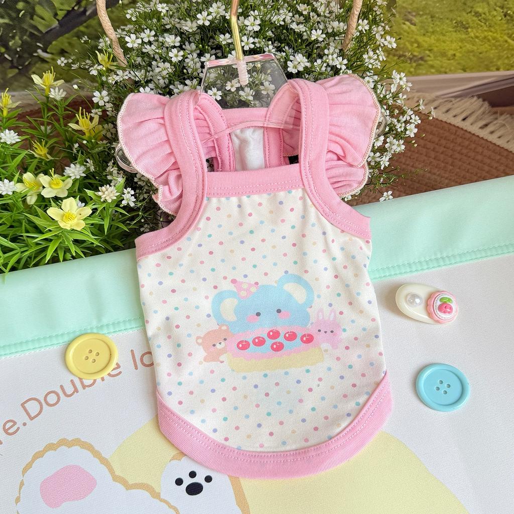 Весенне-летняя одежда для кошек и собак: Тонкий Милый Мультяшный Принт Стильный Макаронных Цветов Холтер Бишон и Померанский Маленький Короткий Стиль