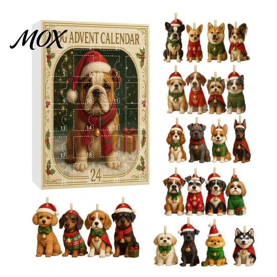Festive Home Window Car Rearview Mirror Decor Dog Advent Calendar, 2D Acrylic Breeds Ornaments, 24-Days Christmas Cute Breed Pendants with Santa Hats