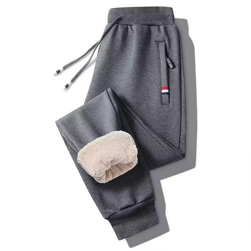 Мужские повседневные брюки из овчины - плотный бархат, карманы на молнии, свободный крой, теплые леггинсы для осени/зимы
