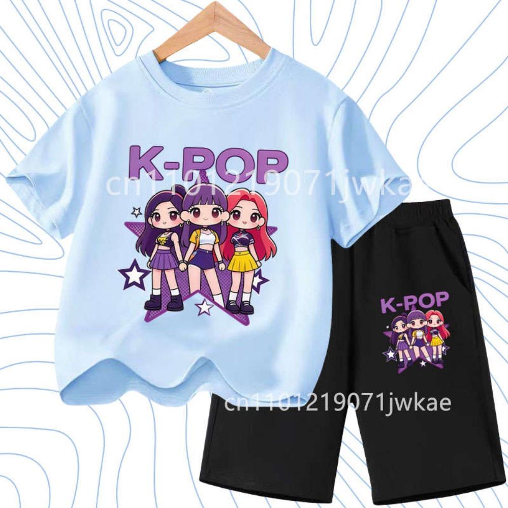 2026 Summer New K- POP Korean Idol Style Boys Girls Outfits Two-Piece Set with Printed Short-Sleeve T-Shirt Shorts
