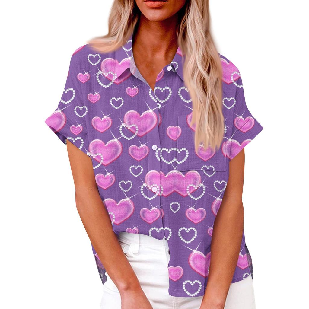 Женская свободная повседневная рубашка с короткими рукавами и отворотом с цифровым принтом и карманом