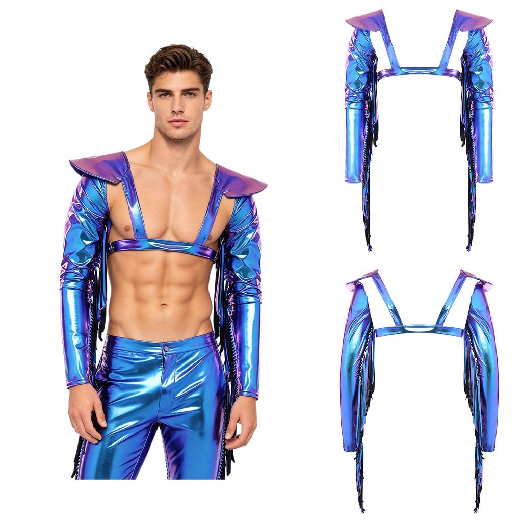 M-3XL Men Metallic Shiny Fringed Arm Sleeves Long Sleeve with Tassels Structured Epaulet Adjustable Chest Harness Club Party Crop Top