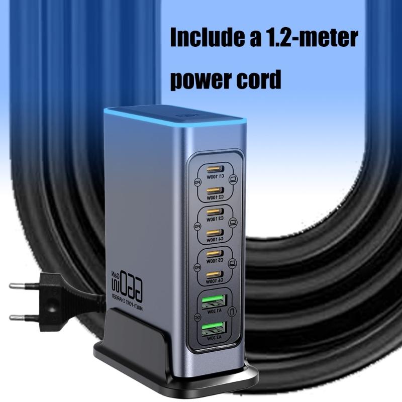 660 Вт 8-портовая станция быстрой зарядки USB C с портом PD100 Вт для ноутбуков, телефонов, планшетов, устройств. Европейские вилки. Настенное зарядное устройство