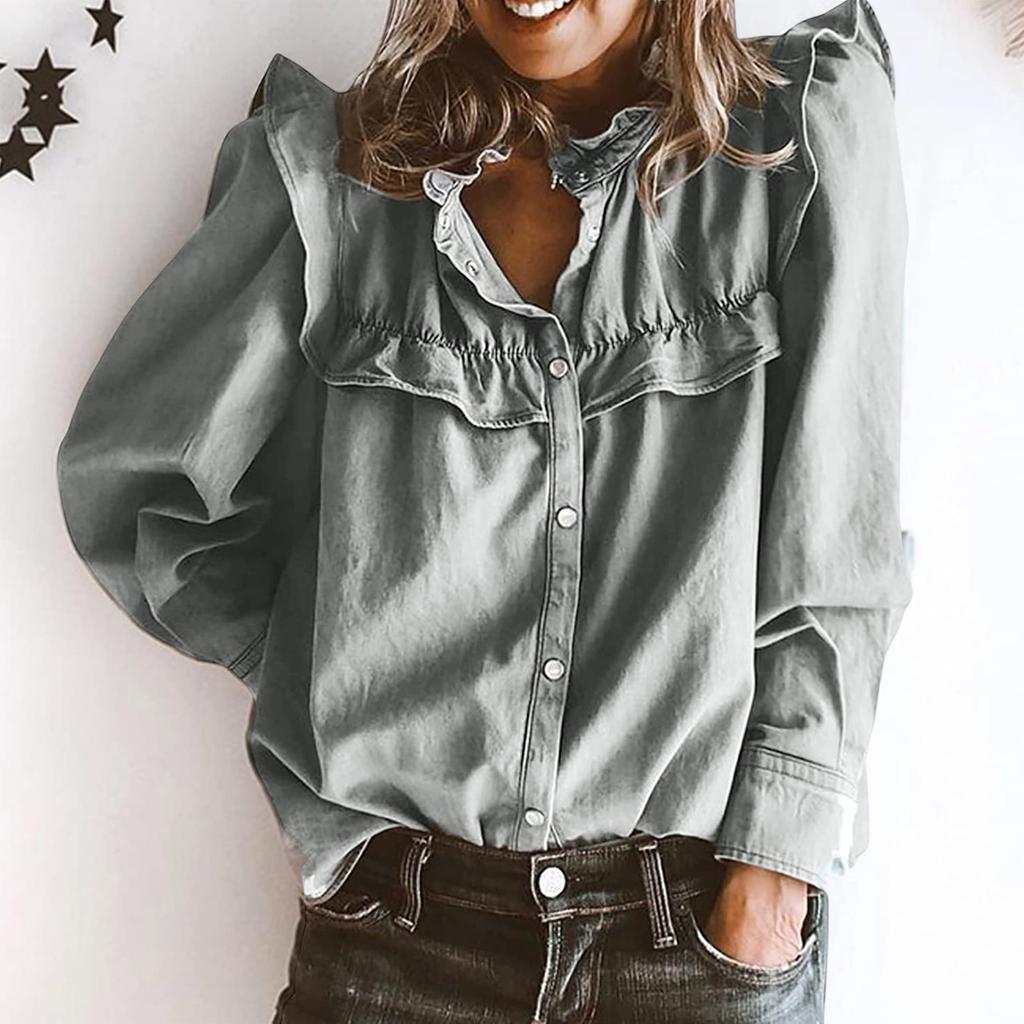 Women's Loose-fitting And Casual Long-sleeved Solid-color Denim Shirt