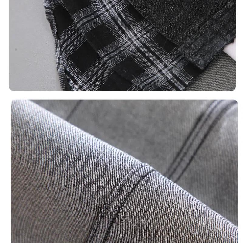 Весна/осень Чистый хлопок Повседневные джинсовые рубашки для мужчин Уличная одежда Две поддельные части Клетчатые пэчворк Свободные рубашки Стираная черная джинсовая рубашка