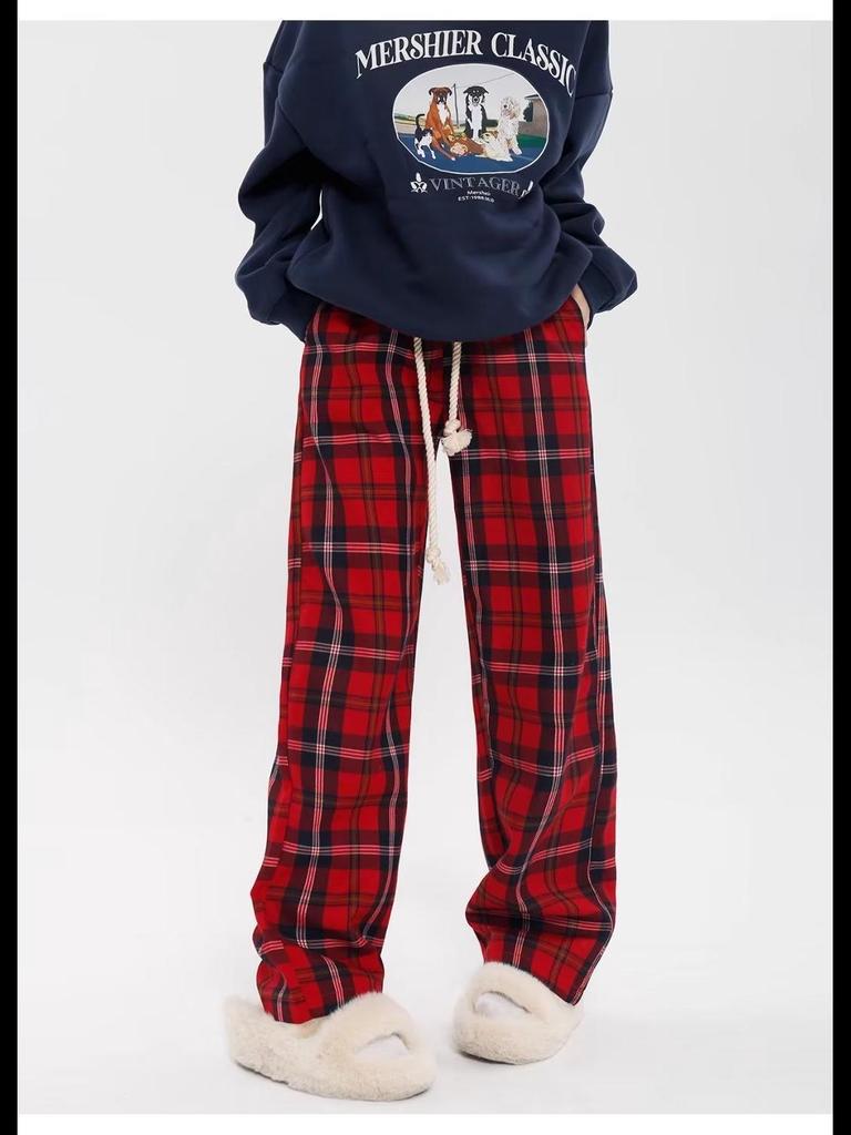 Женские брюки широкого кроя в красную клетку - повседневный осенне-зимний спортивный стиль