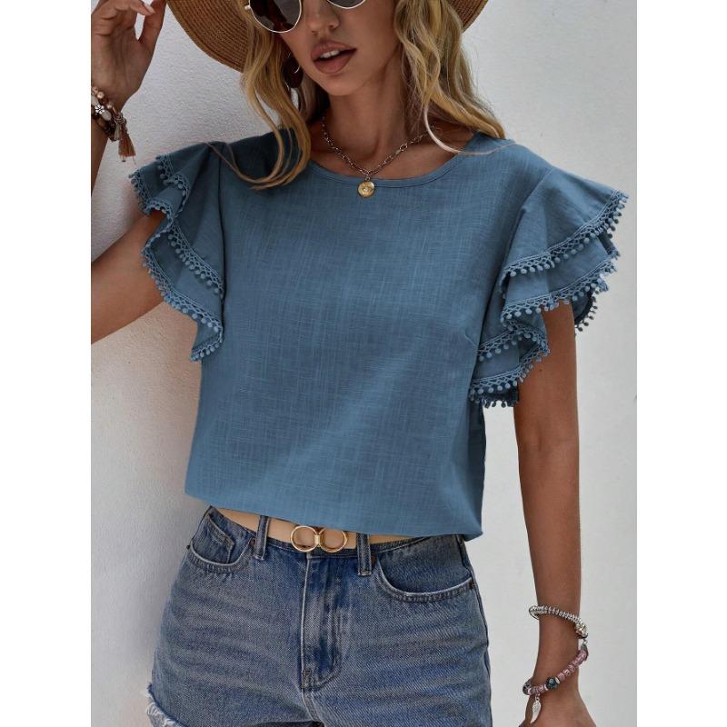 Women's Fashion Casual Summer Spring Solid Color Print Short Sleeve O-Neck Blouses & Shirts