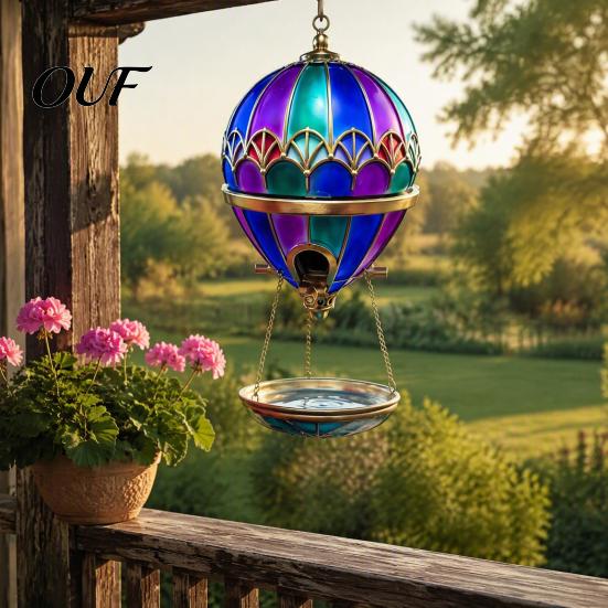 Hanging Bird Feeder Hot Air Balloon Feeder, Retro Stained Glass Art with Water Hummingbird Parts Tray, Bath for Outdoor Garden Patio Backyard