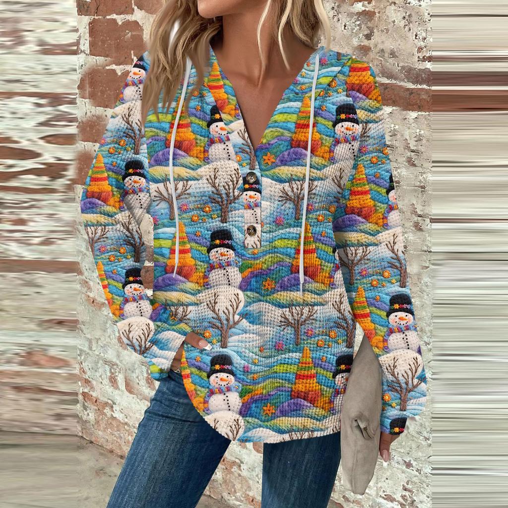 Женская мода с длинным рукавом, завязками на шнурке, капюшоном, пуговицами, V-образным вырезом, повседневная толстовка с капюшоном и рождественским принтом