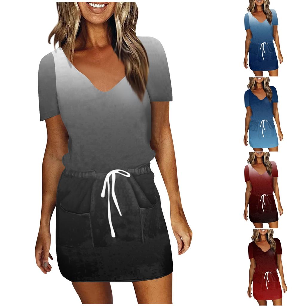 Women's Casual Printing Drawstring High Waist V-neck Short Sleeve  Dress