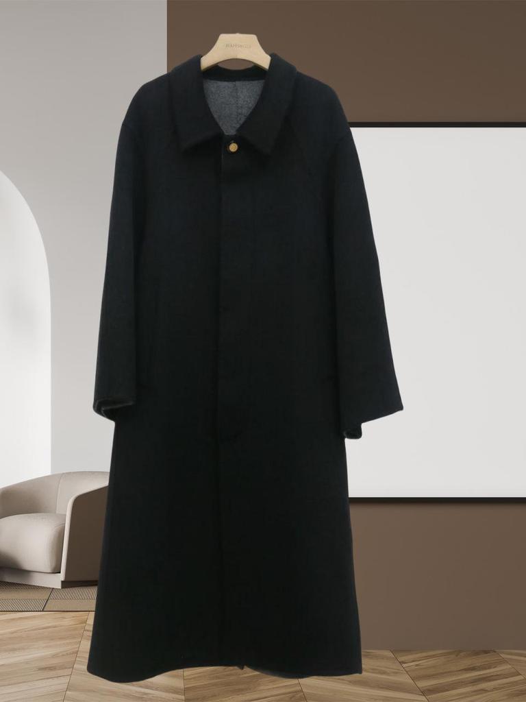 Двухцветное шерстяное пальто-кокон - Минималистичное, Высококачественное, Утепленное, Свободного кроя, Двустороннее