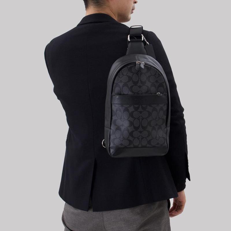 Coach Charles 20 Классическая сумка через плечо с монограммой из ПВХ Мужские сумки Черный Серый 54787-CQBK