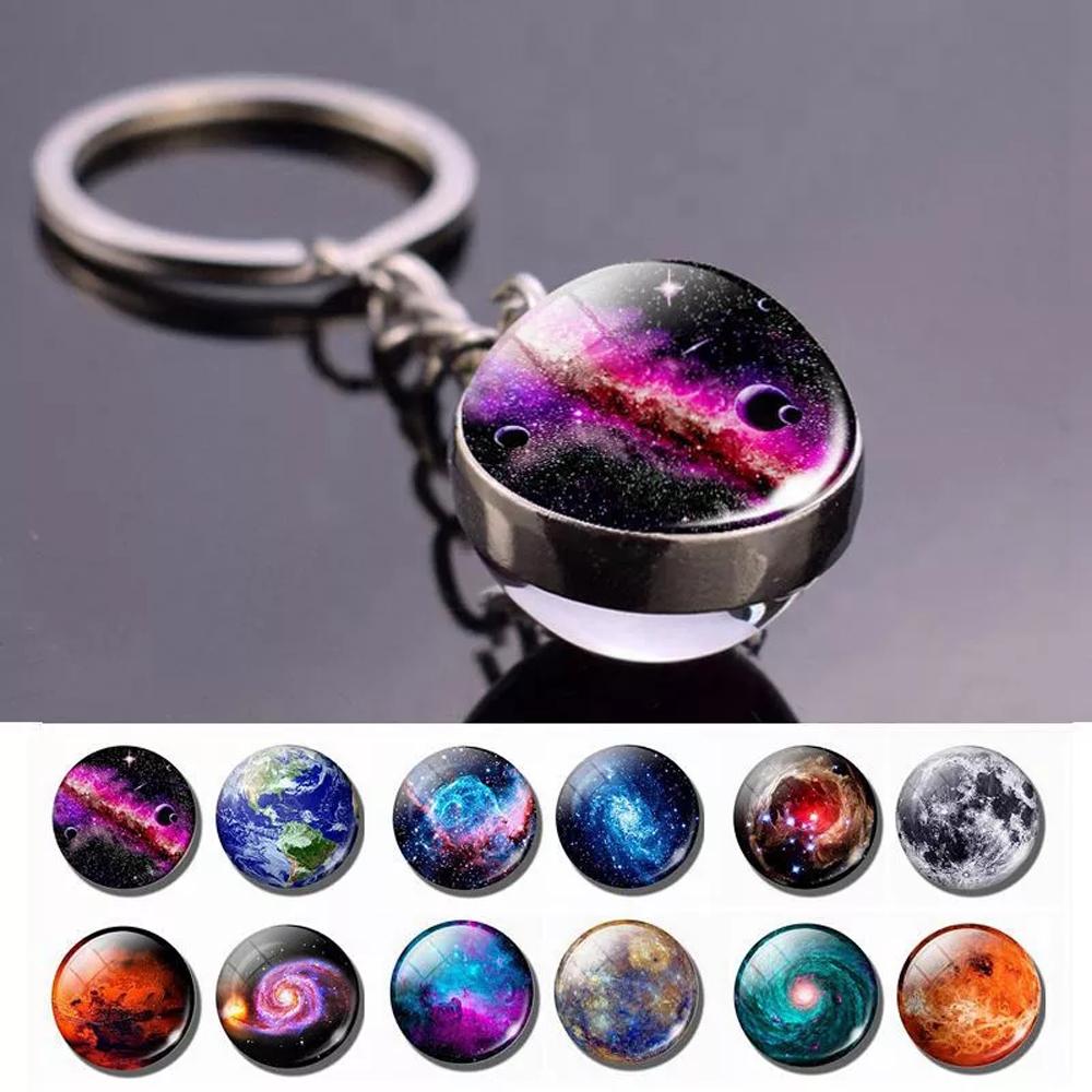 Sun Earth Double Side Glass Ball Nebula Moon Keychain Solar System Planet Keyring Luminous