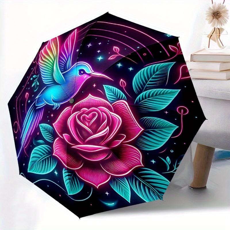 1pc Neon Hummingbird and Rose Automatic Opening and Closing Umbrella - Small Umbrella Suitable for Various Occasions A079