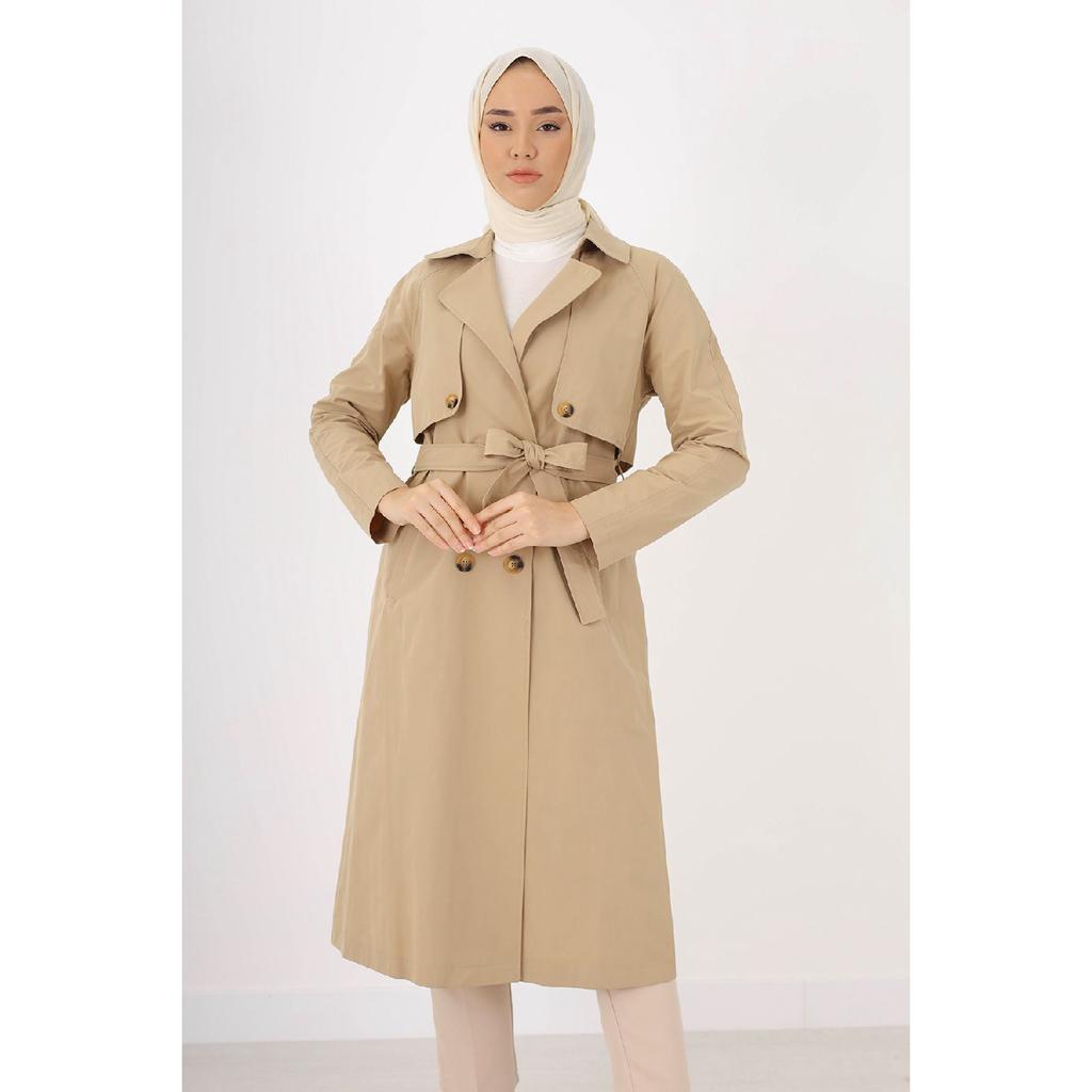 Двубортный тренч средней длины с рукавами реглан (120 см) Темно-бежевый 7558