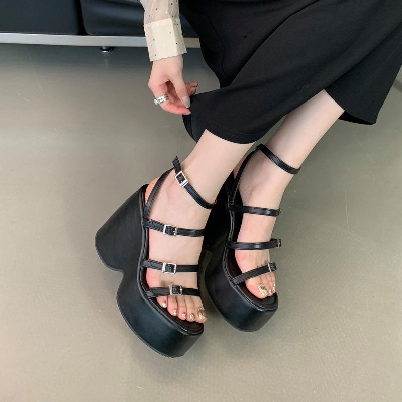 Черные/серебристые босоножки на толстой танкетке с толстой подошвой для женской обуви, летние, с открытым носком, с узкими полосками, с несколькими пряжками, на высоком каблуке 13 см, Samdal