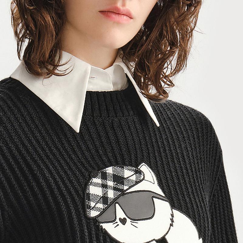 Karl Lagerfeld Уличный Повседневный Вечеринка Легкий Роскошный Кошачий Узор Круглый Вырез Пуловер Свитер с Длинным Рукавом Женский свитер Черный 236L2071