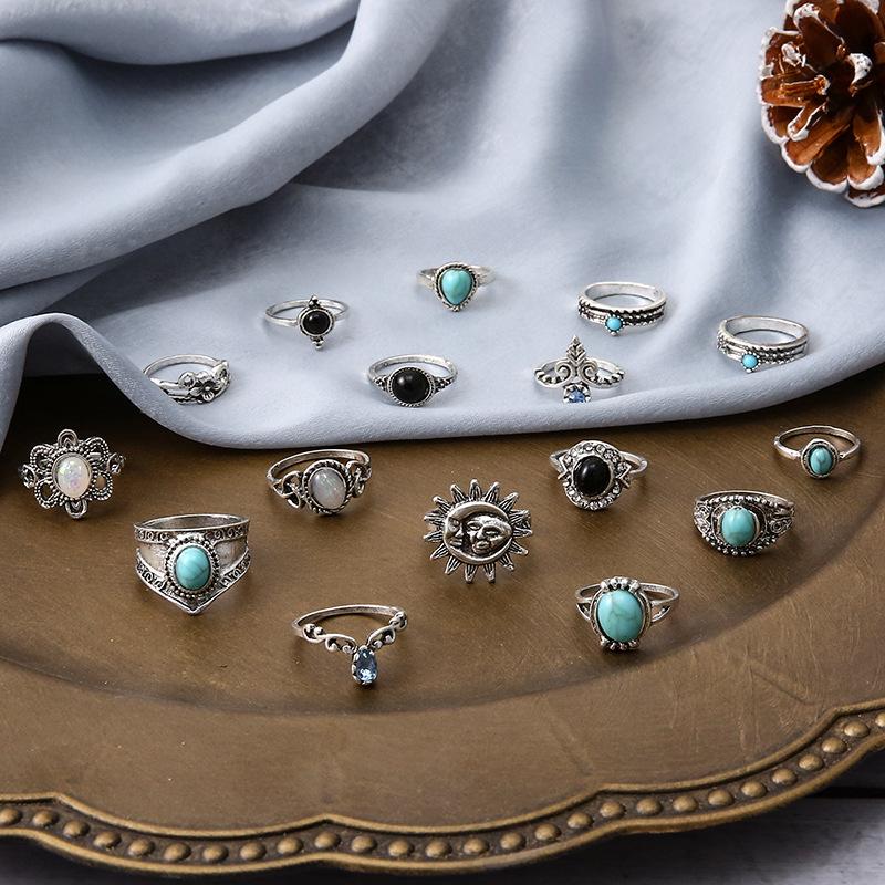 European and American Turquoise Ring Retro Bohemian Geometric Turquoise Ring Micro-set Tail Ring