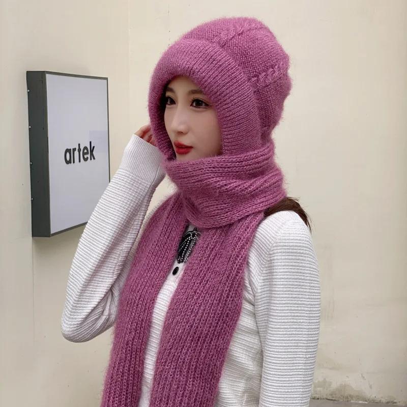Women Casual Acrylic Knitted Hat Warm Scarf Sets Solid Fleece Inside Thickened Beanie Caps Skullies Windproof Skullcap