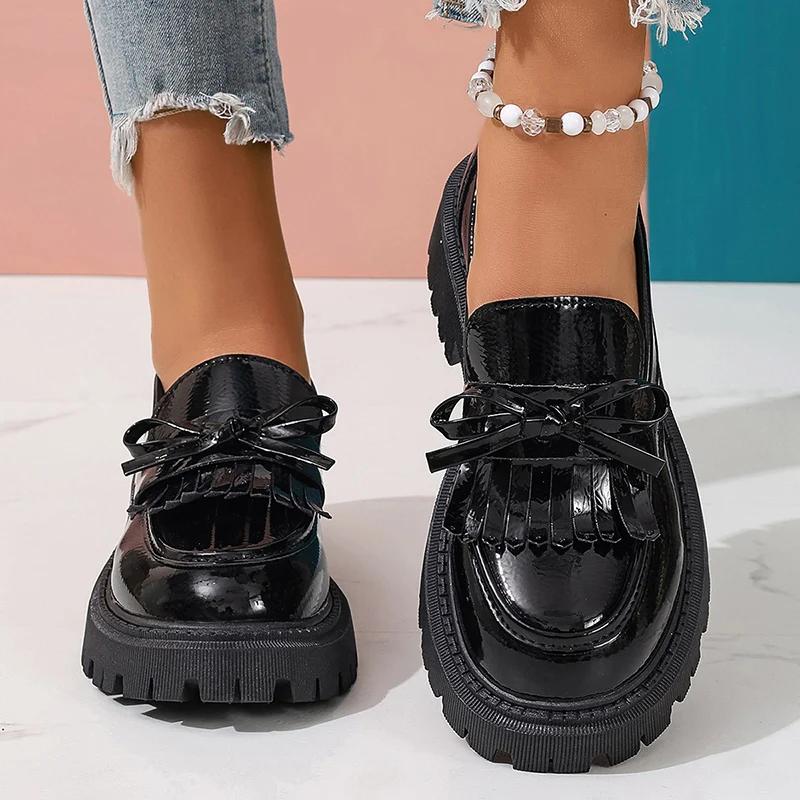 Лаферы из лакированной кожи в британском стиле для женщин Весенние слипоны на платформе Женские туфли с бантом Толстая подошва Студенческая обувь 42