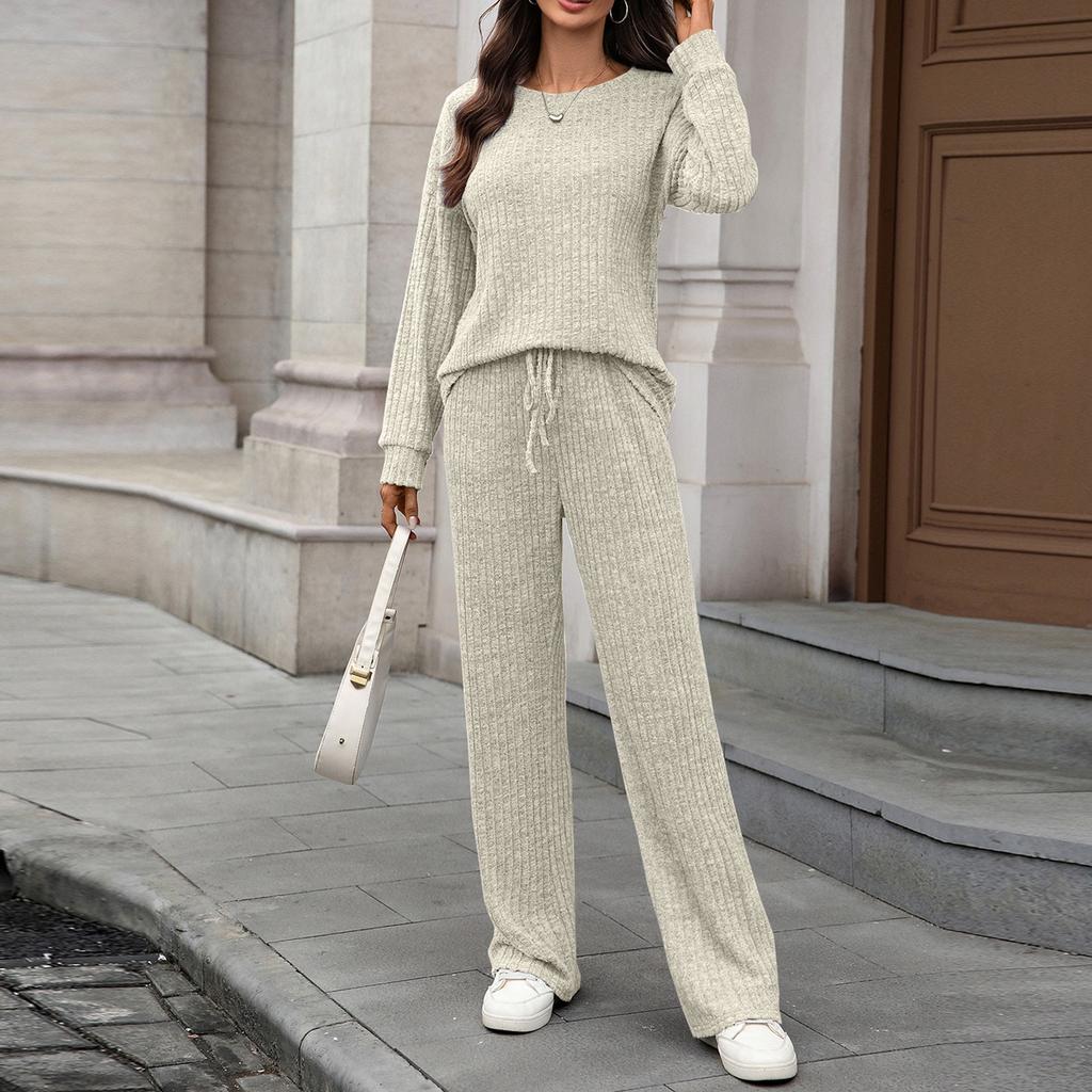 Женский модный и удобный трикотажный комплект для отдыха с круглым вырезом, длинными рукавами и брюками с начесом