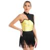 Womens Sleeveless Latin Dance Leotard Shiny Sequins Contrast Color Fringed Bodysuit for Dance Party Stage Performance