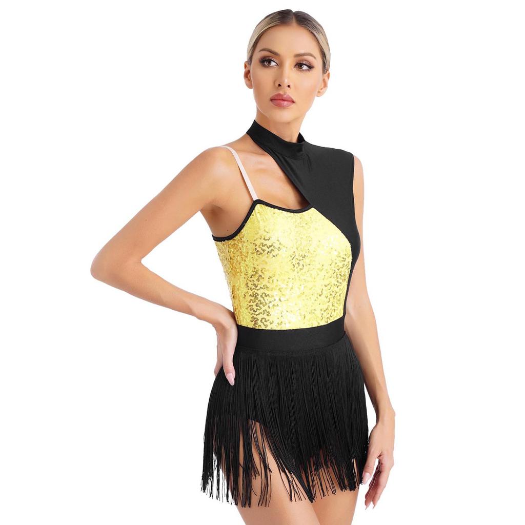 Womens Sleeveless Latin Dance Leotard Shiny Sequins Contrast Color Fringed Bodysuit for Dance Party Stage Performance