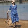 2025 весна и лето новое платье из хлопка и льна с принтом в стиле легкой роскоши женское свободное ретро с V-образным вырезом рукав пять четвертей длина до колена